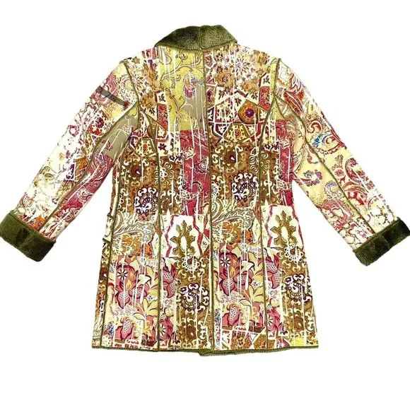 CHICO'S Sage Green Paisley Faux Shearling Suede Jacket Coat Sz 1 Medium 8 10 - Picture 2 of 4